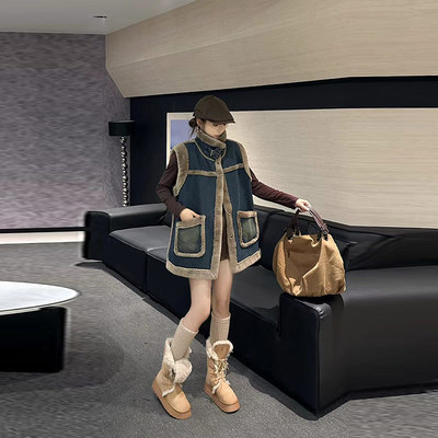 扣带领羊羔毛内里牛仔马甲