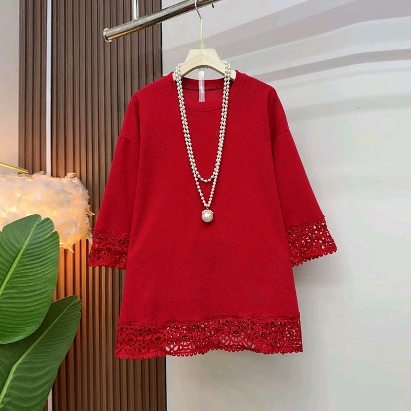 大码女装镂空花边七分袖上衣