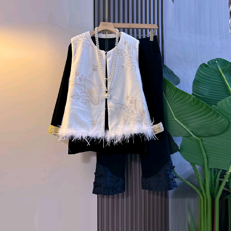 拼色袖口小衫马甲盘扣裤脚裤子