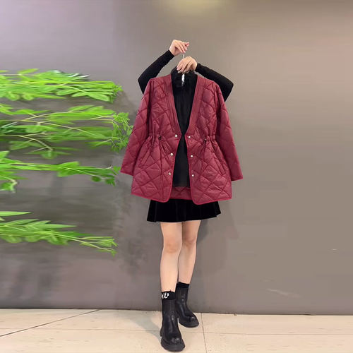 大码女装V领收腰棉服外套