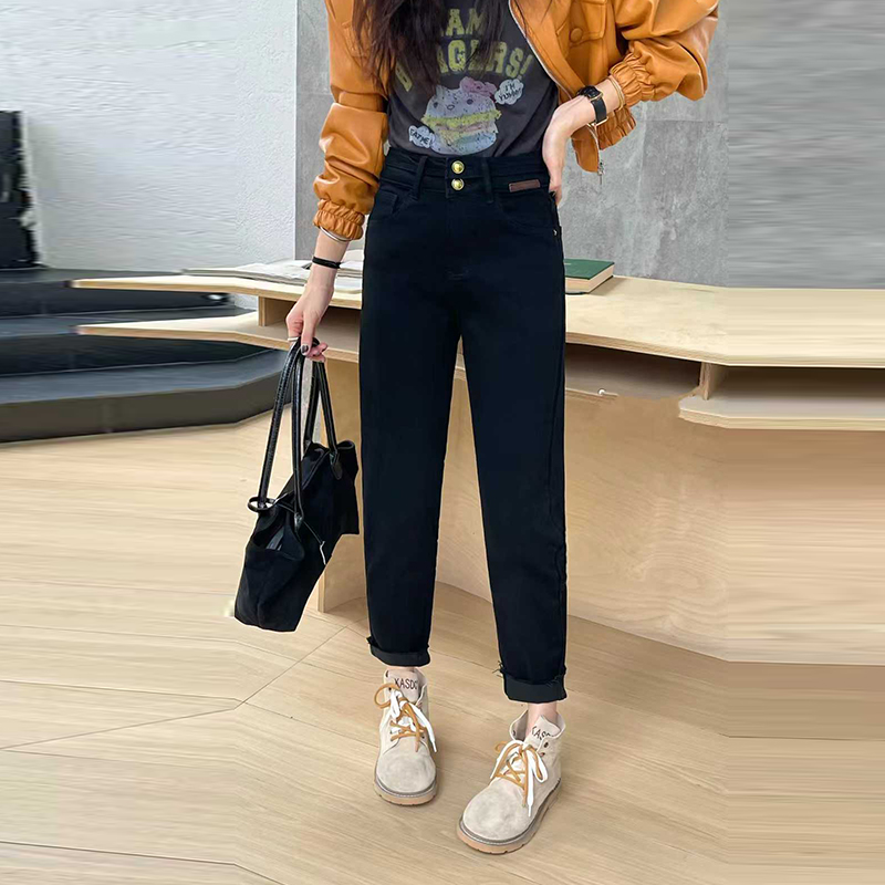 大码女装加绒小脚牛仔裤子