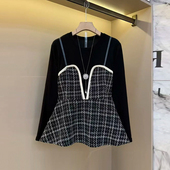 女装 秋冬款 韩版 胖妹妹拼接格子吊带假两件上衣大码 百搭设计感小衫