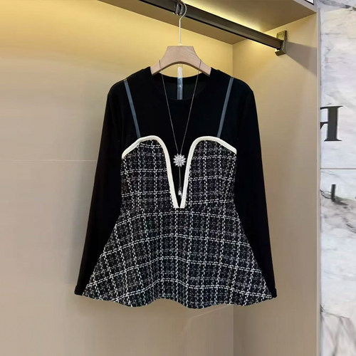 拼接格子吊带假两件上衣