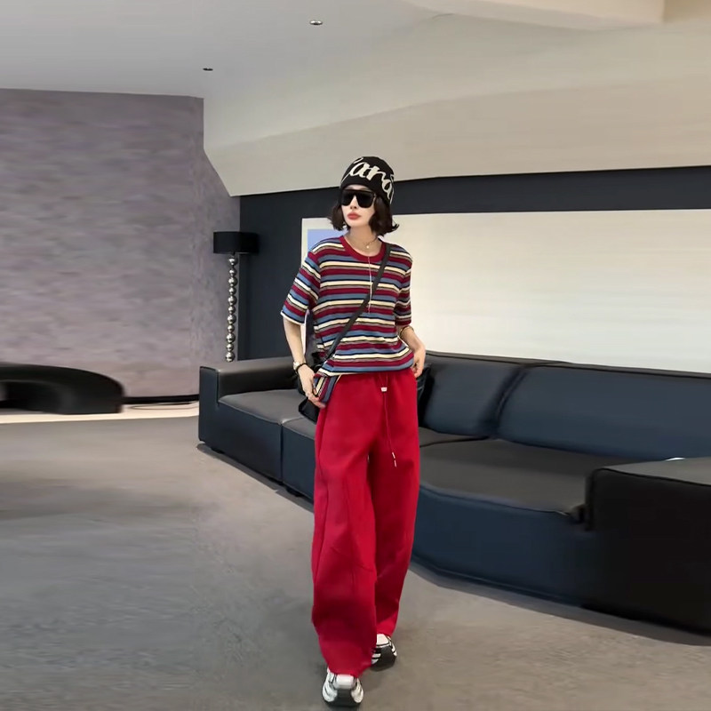 加大码女装圆领短袖条纹上衣大码女装宽松遮胯休闲松紧腰阔腿裤子,女装/女士精品,大码内搭,淘宝优惠券,粉丝福利购,淘宝优惠卷