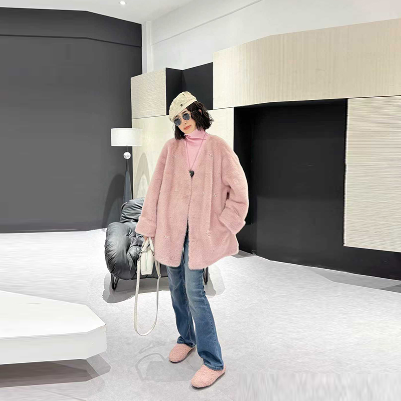 大码女装V领长袖毛毛外套