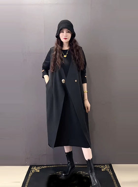 大码女装V领长款马甲长袖连衣裙