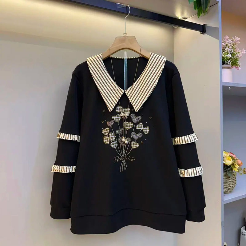 拼色条纹翻领亮钻图案长袖卫衣