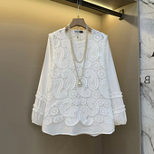 设计感小众设计上衣 胖妹妹宽松遮肚子韩版 加肥女拼蕾丝花长袖 小衫