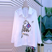 加肥翻领卡通图案长袖 上衣 简约早春新款 衬衫 宽松遮肚子胖妹妹韩版