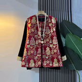 胖MM洋气葫芦花纹盘扣国风马甲加肥大码 口小衫 女装 气质显瘦拼色袖