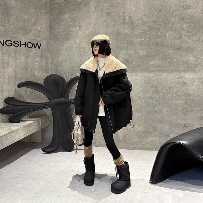 大码女装毛毛翻领长袖棉服