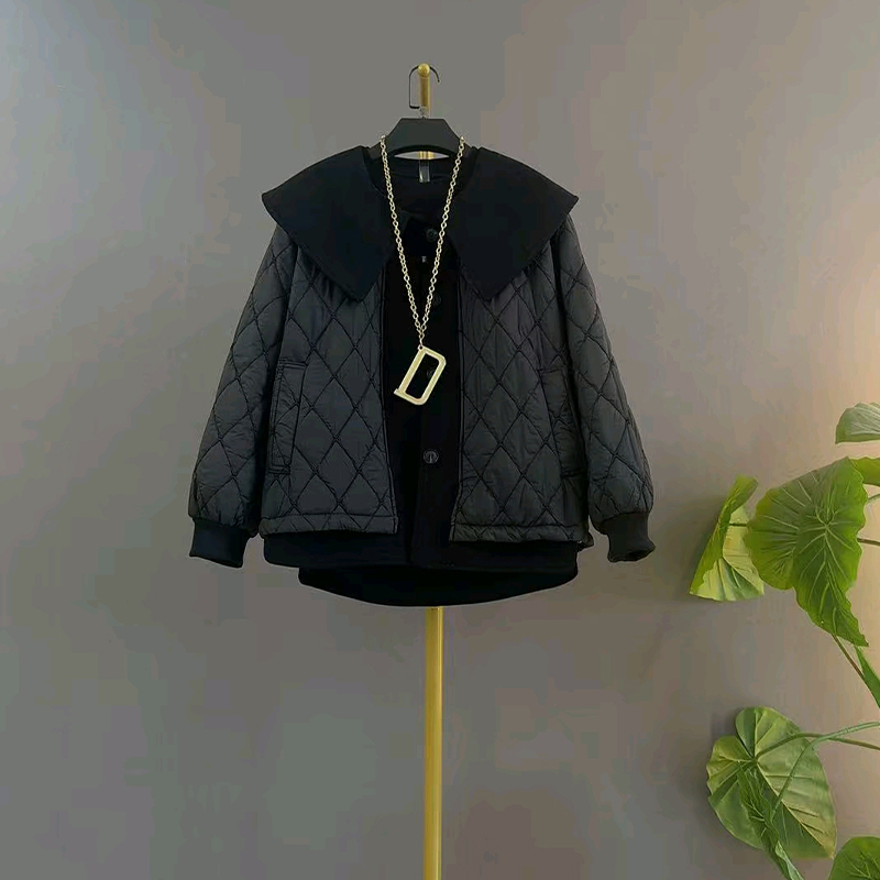 拼接披肩领长袖菱形格外套