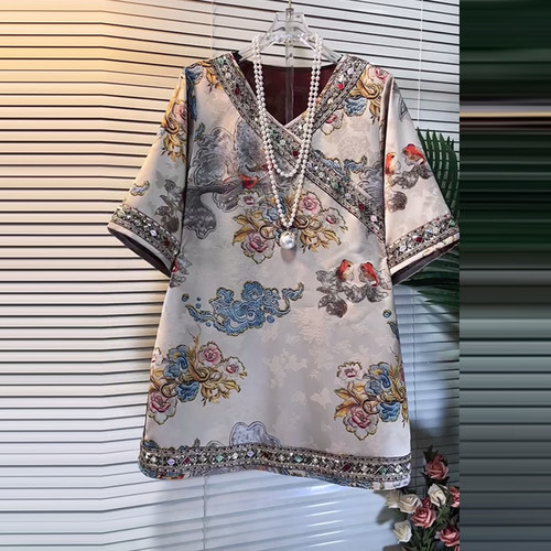 大码女装V领花朵边短袖国风上衣
