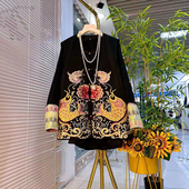 加肥胖妹妹立领盘扣国风马甲大码 潮 口打底小衫 女装 气质百搭拼色袖