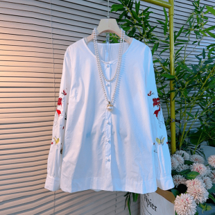 百搭洋气上衣 宽松遮肚子胖MM复古风时尚 加肥拼色图案长袖 圆领衬衫