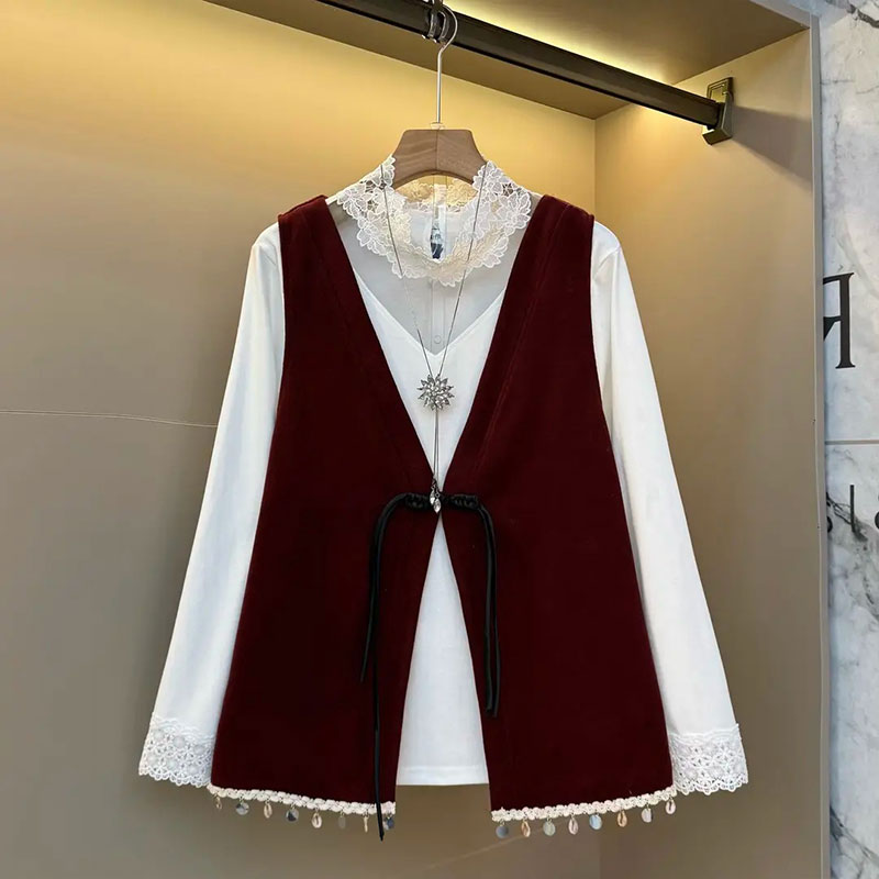 V领马甲两件套拼接立领长袖上衣