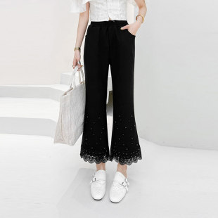 子胖妹妹气质欧货设计感黑色百搭休闲裤 大码 脚九分裤 蕾丝边裤 女装