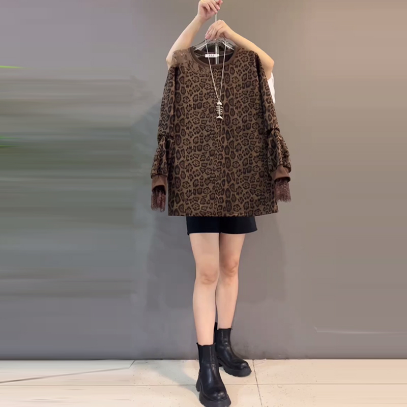 大码女装圆领长袖豹纹卫衣-