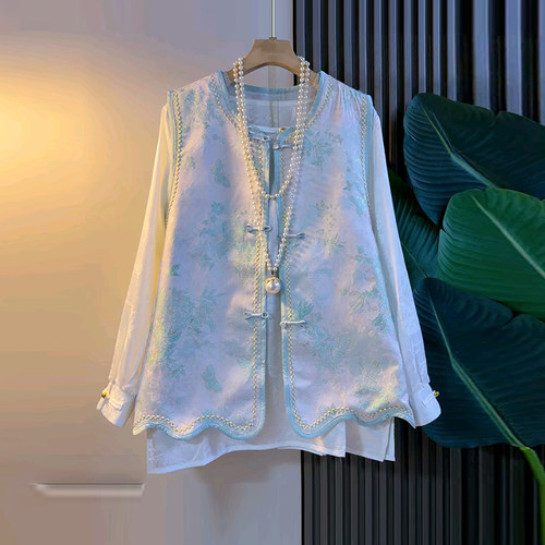 圆领长袖小衫盘扣暗花国风马甲