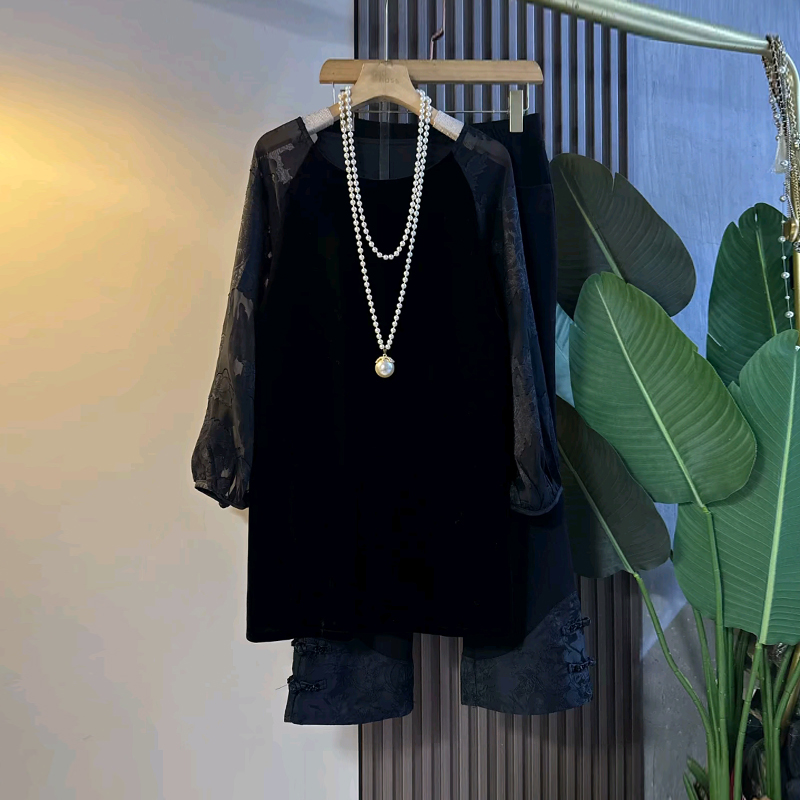 拼接暗花长袖上衣盘扣裤脚裤子