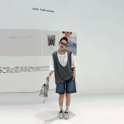 拼色马甲假两件短袖上衣黑