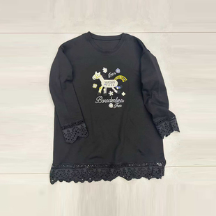 上衣胖妹妹学院风减龄宽松休闲大衫 卡通图案蕾丝底摆长袖 女装 大码