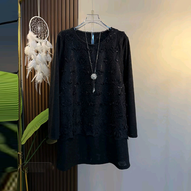 胖MM加肥圆领钉珠边长袖大衫宽松遮肚子气质时尚减龄百搭韩版上衣,女装/女士精品,大码内搭,淘宝优惠券,粉丝福利购,淘宝优惠卷