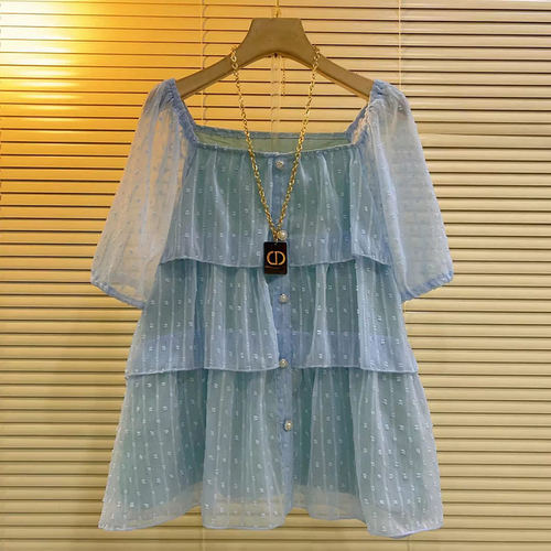 大码女装方领网纱短袖小衫