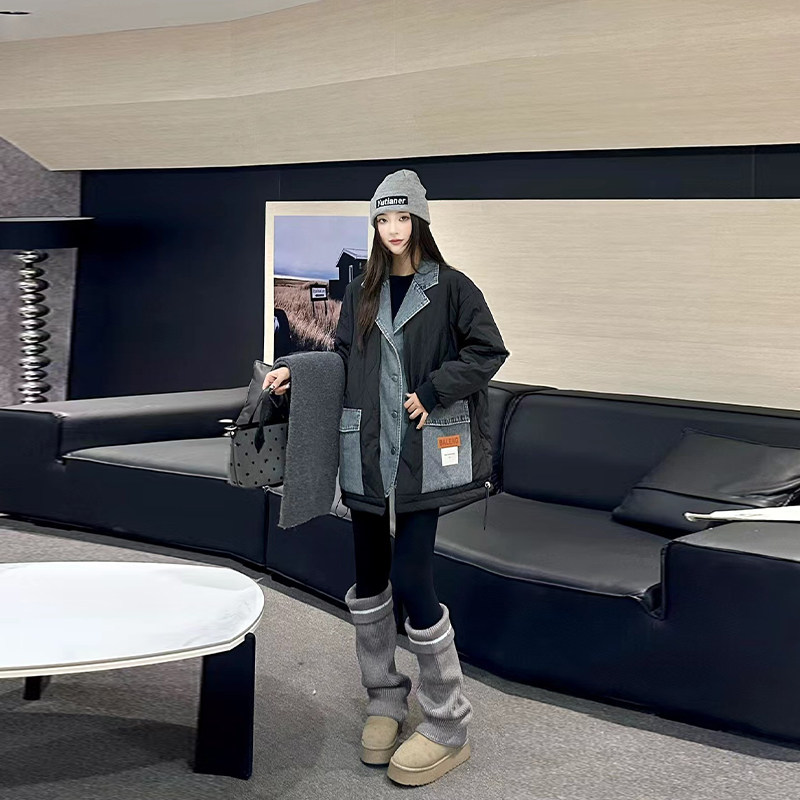 加肥女拼接牛仔长袖棉服外套胖妹妹欧洲站宽松百搭秋冬款显瘦上衣,女装/女士精品,大码棉服,淘宝优惠券,粉丝福利购,淘宝优惠卷