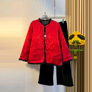 毛边暗花棉服外套胖妹妹显瘦松紧腰黑色裤 圆领长袖 子 女装 加肥大码