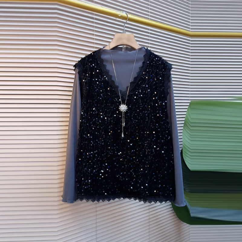 V领长袖亮片马甲高领长袖打底衫