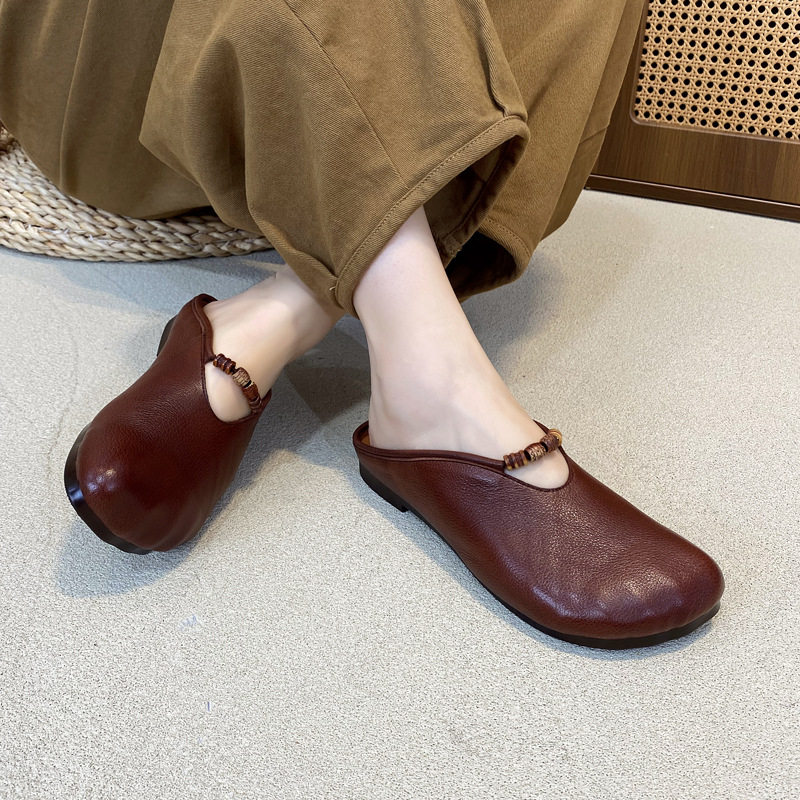 文艺复古串珠头层牛皮包头平底拖鞋女2025年夏季新款真皮外穿半拖