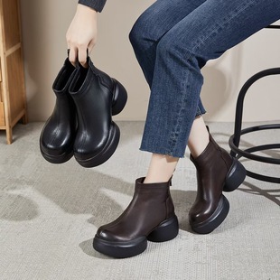 563秋冬手工厚底松糕女鞋真皮小个子增高低帮短靴女头层牛皮靴子