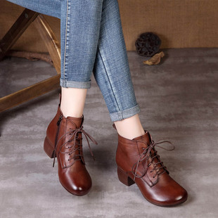15中跟系带短靴25秋冬头层牛皮复古粗跟女靴圆头系带妈妈软底短靴