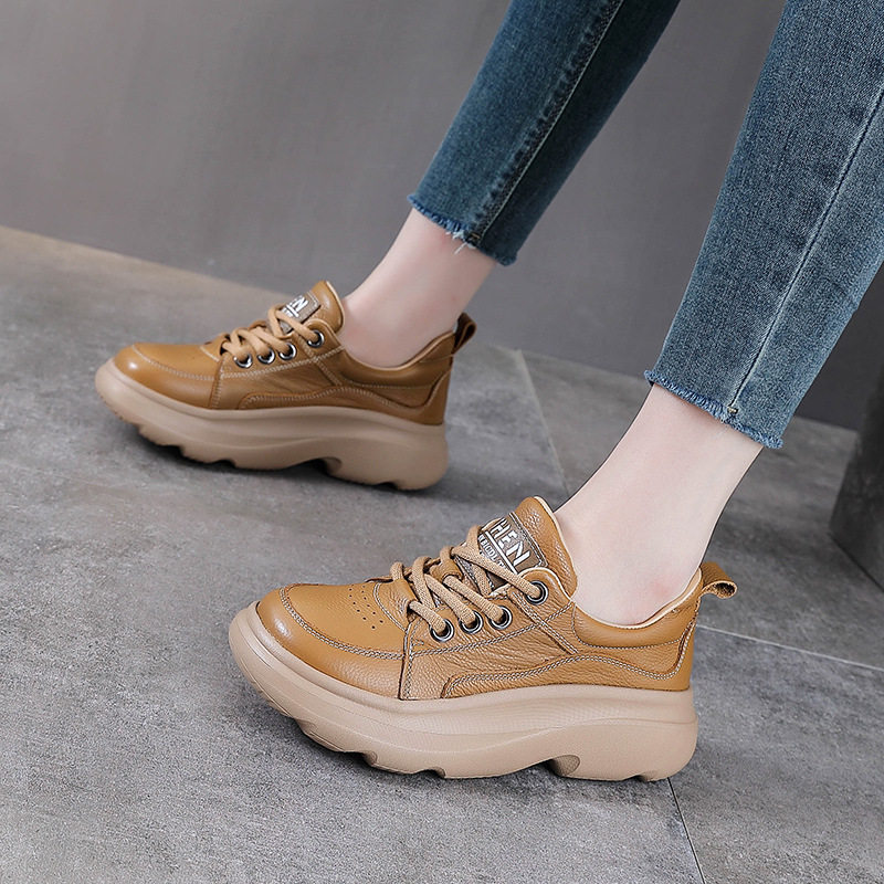 真皮厚底休闲鞋2025春秋新款头层牛皮松糕鞋女单鞋英伦登山运动鞋