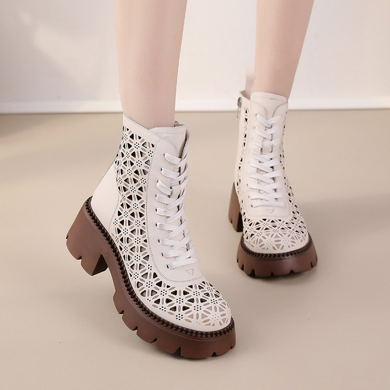 116白色防水台凉靴2022春夏款真皮短靴头层牛皮镂空马丁靴女松糕