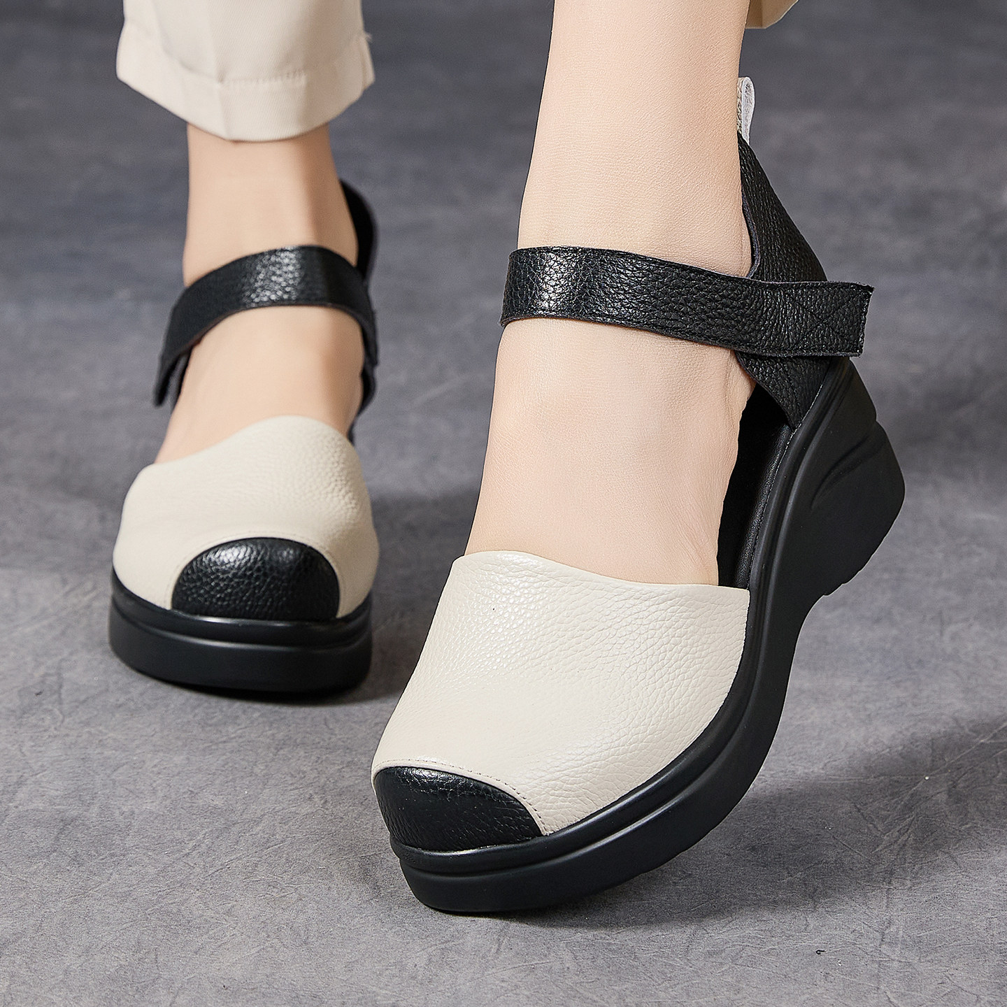 705复古风真皮拼色包头魔术贴凉鞋女厚底坡跟舒适妈妈休闲皮凉鞋