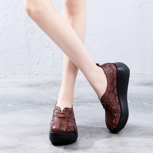 头层牛皮复古镂空中跟软底 坡跟民族风女鞋 876厚底凉鞋 套脚夏季