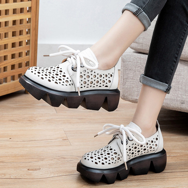 331系带凉鞋白色夏复古前现货圆头真皮头层牛皮平底松糕厚底休闲