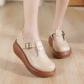 861厚底丁字单鞋 春秋软底软皮舒适休闲坡跟纯色防水台鞋 圆头真皮