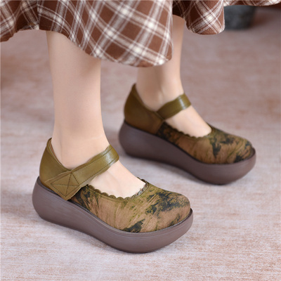 手工印花魔术贴松糕鞋圆头民族风