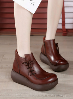 7686侧绑带软底真皮靴子妈妈鞋中跟厚底松糕鞋短靴马丁靴踝靴冬