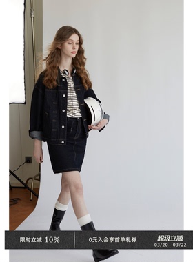 Veega Chic春夏Women 重工复古简约通勤牛仔长袖半裙套装外套