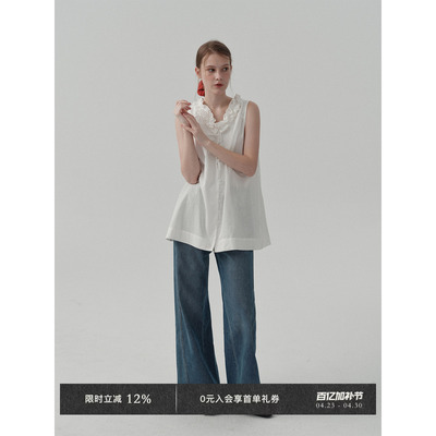 双层花瓣领两穿无袖衬衣亚麻混纺