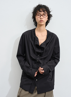 Veega Chic抽绳系带荡领直身长袖衬衫上衣