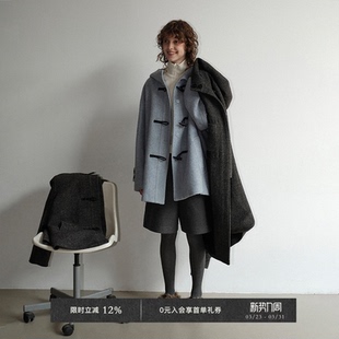 手工编织牛角扣宽松休闲连帽短款 圈圈羊毛 毛呢大衣 Chic Veega