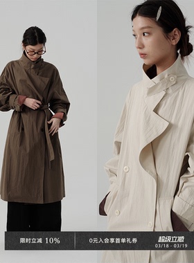 Veega Chic 秋冬缩皱感棉锦混纺偏门襟轻薄简约中长款双排扣风衣