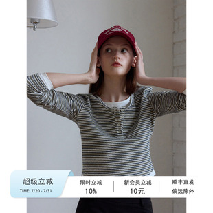T恤上衣女 Veega Chic 春夏假两件圆领宽松纽扣短款 针织肌理感长袖