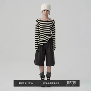 T恤打底衫 秋冬显瘦针织高腰精纺羊毛圆领宽松条纹长袖 Chic Veega