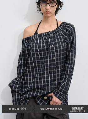 Veega Chic肌理棉格纹休闲一字领侧门襟宽松衬衫上衣